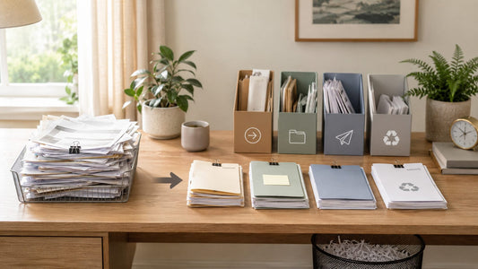 A tidy desk tray holding a neat stack of papers beside a few labeled folders, evoking an organized paper-management system.