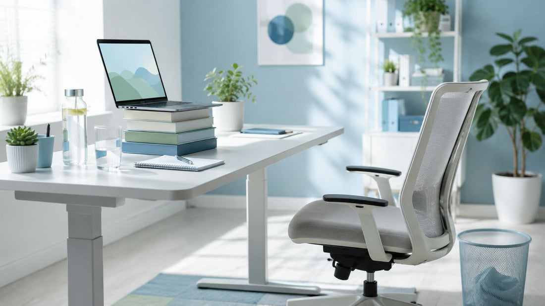 A bright, airy workspace scene in cool light evoking standing up and moving during the workday.