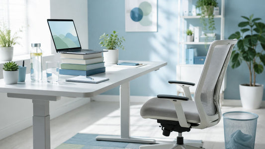 A bright, airy workspace scene in cool light evoking standing up and moving during the workday.