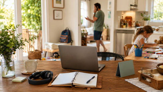 A bright kitchen serving as a busy family workspace, with a laptop, notebook and headphones on the table while household life carries on in the background.