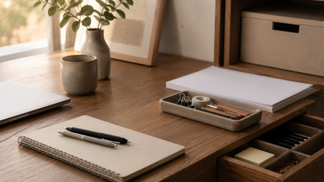 A calm, minimalist desk still life with neatly organized office supplies in warm cinematic light.