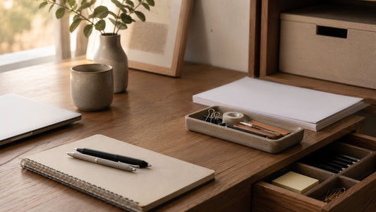 A calm, minimalist desk still life with neatly organized office supplies in warm cinematic light.