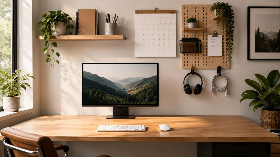 A bright, minimalist home-office wall with floating shelves and a pegboard holding a notebook, pen cup, and calendar above a tidy desk.