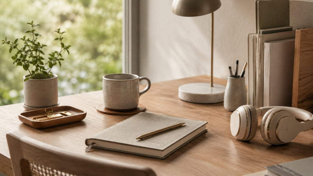 A warm sunlit wooden desk by a window with a closed leather notebook, ceramic mug, small potted plant, brass-stem desk lamp, and headphones — a tidied, lived-in workspace