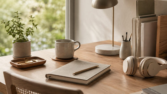 A warm sunlit wooden desk by a window with a closed leather notebook, ceramic mug, small potted plant, brass-stem desk lamp, and headphones — a tidied, lived-in workspace