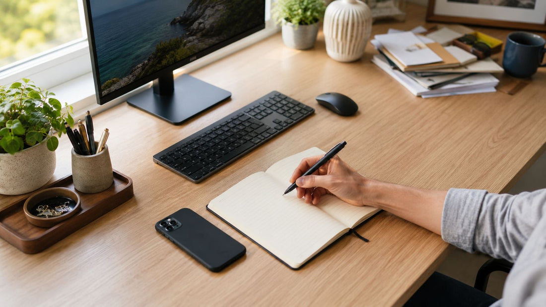 An organized home office desk with natural light, illustrating the prime reach zone within easy arm's reach.