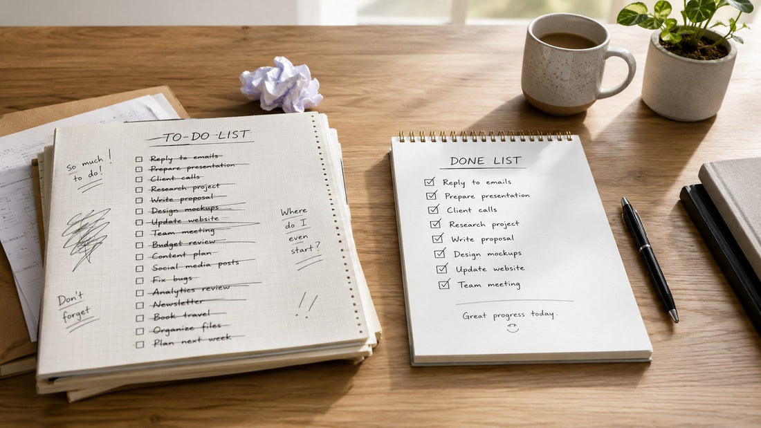 A calm, minimal illustration evoking a done list beside a to-do list on a desk.