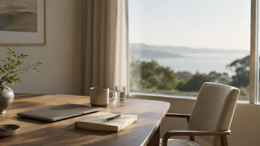 A serene, minimalist workspace suggesting a quiet pause away from the desk.