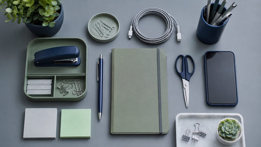 An organized workspace still life with everything in its place, evoking a desk where anything is easy to find.