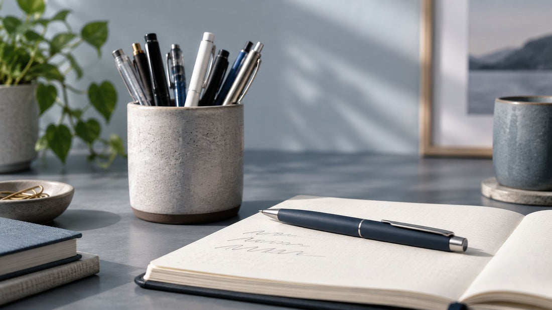 A single pen resting beside an open notebook on a desk.