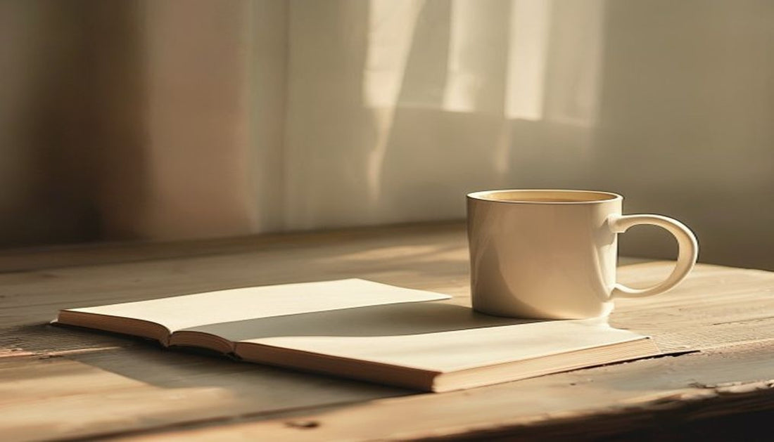 An empty mug and a closed notebook on a near-empty wooden desk in soft early-morning light.