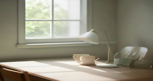 A sunlit kitchen table by a window with a desk lamp and coffee cups, set up as a simple workspace.