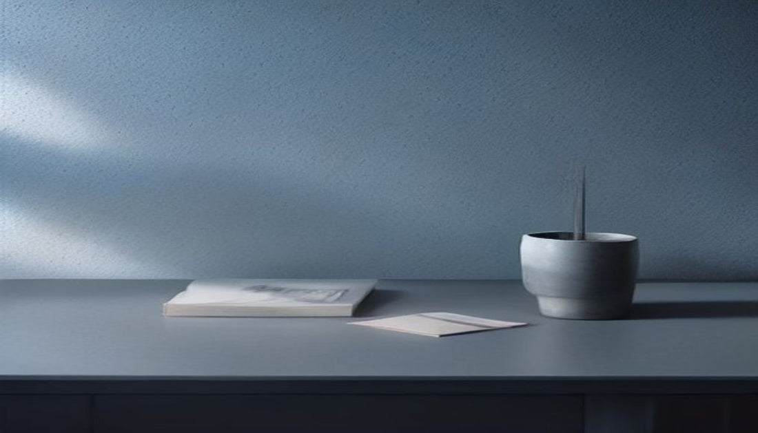 A small analog desk clock and a half-full glass of water on a grey desk surface, lit by dramatic afternoon side light casting long shadows.