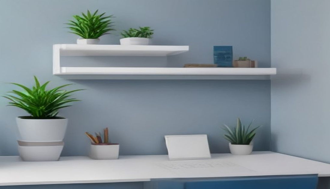 Minimalist floating wall shelves above a clean, uncluttered desk in cool blue and grey tones, with a small plant and a neat tray of supplies.