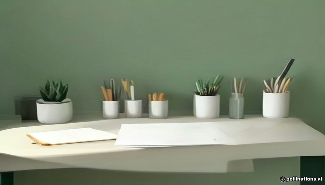 A tidy desk against a sage green wall with pen cups, small plants and fresh notepads ready to use.