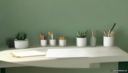 A tidy desk against a sage green wall with pen cups, small plants and fresh notepads ready to use.