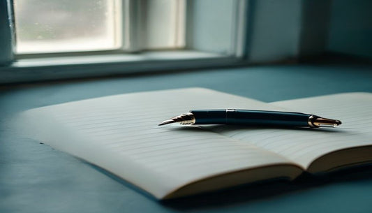 An open blank notebook with a fountain pen resting in the gutter, lit by soft directional window light in cool slate-blue tones.