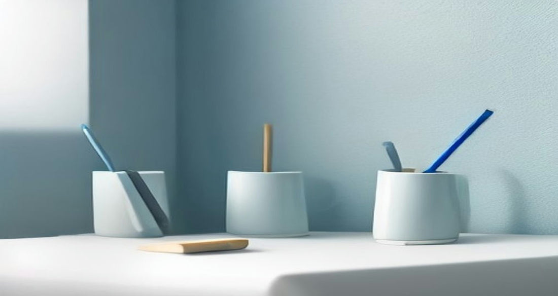 White ceramic pen cups holding a few pens and pencils on a bright desk against a pale blue wall.