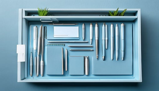 An open desk drawer organizer with office supplies arranged in neat compartments, shot from above in cool blue-grey tones.