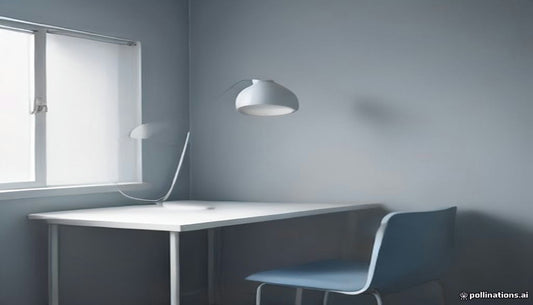 A bright white desk and blue chair beside a window in a calm grey-blue home office.