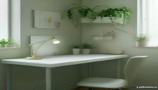 A compact white desk with a brass lamp and trailing plants tucked into a bright corner by a window.