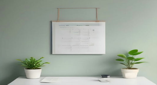 A wall calendar hanging above a tidy white desk with two small potted plants against a pale sage wall.