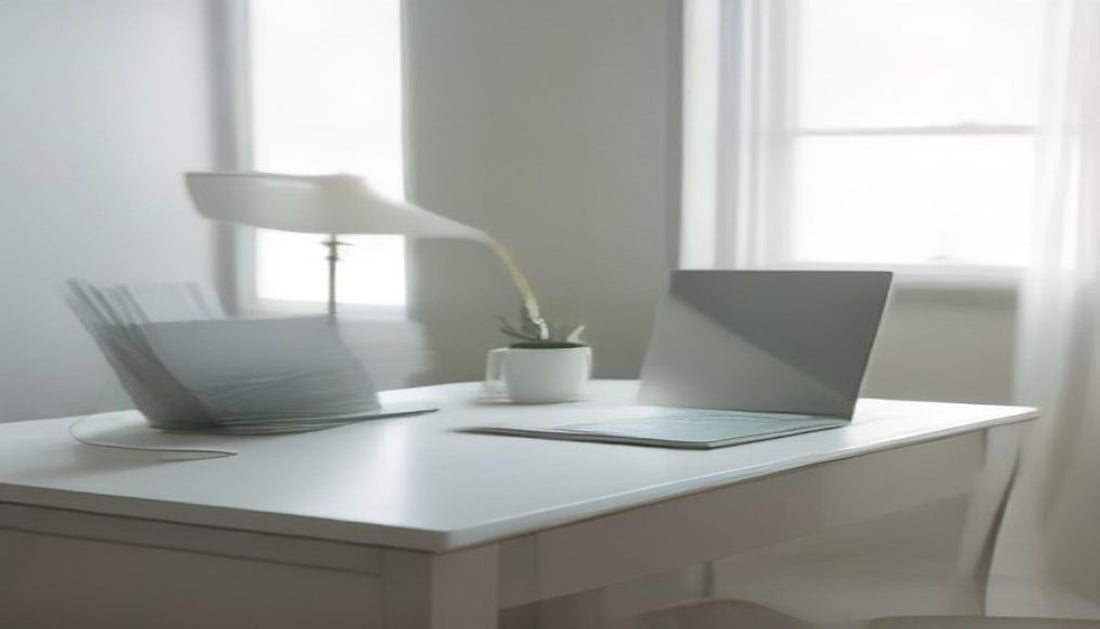 A light-toned table by a bright window set up as a tidy workspace with a laptop stand, a tray of supplies, and a slim task lamp.