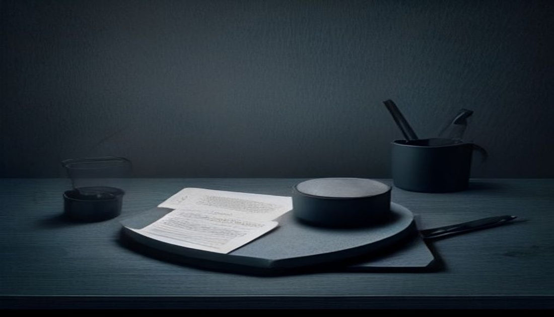 A minimalist ceramic tray holding a fountain pen and folded glasses set apart on a dark, side-lit desk with cool slate-blue tones.