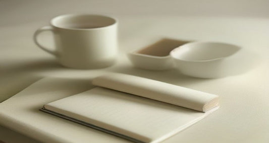 A white coffee mug set back from an open notebook on a pale, uncluttered desk.