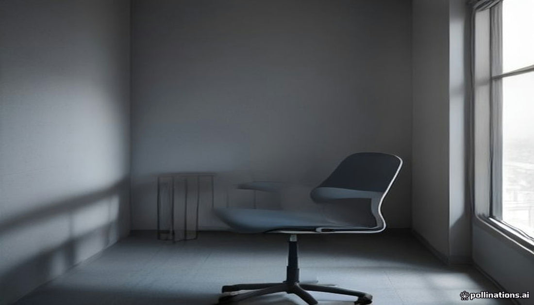 An empty grey office chair beside a tall window in soft, cool morning light.