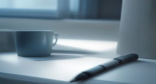 A blank card and pen beside a coffee cup on a pale desk in cool morning window light.