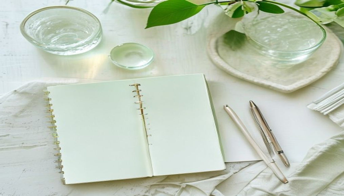 A bright top-down view of an open blank notebook with a pen, a tidy tray of supplies, and a glass of water on a clean white desk.