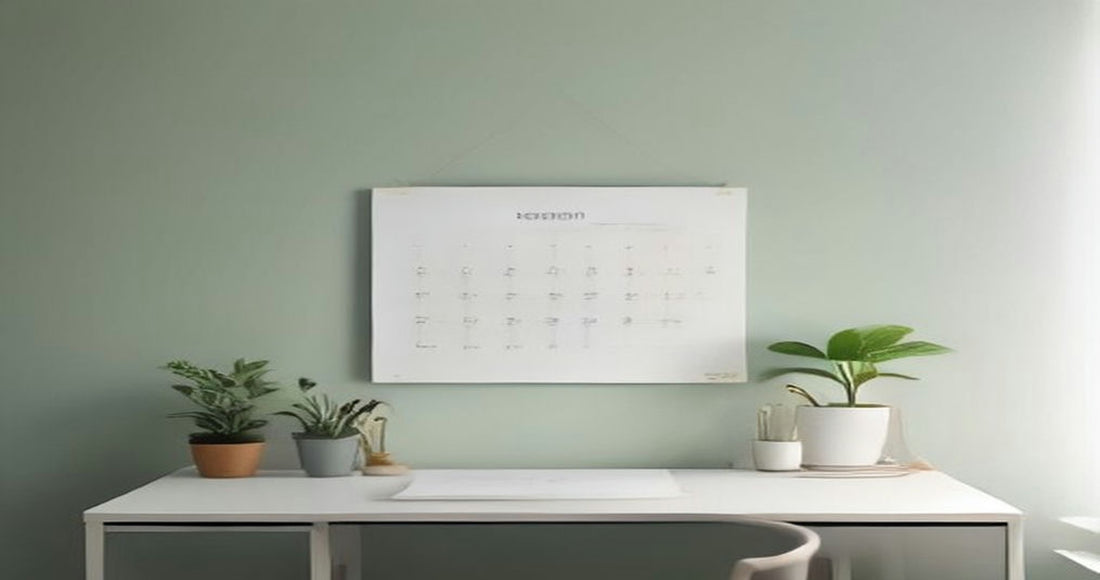 A paper month-view calendar hanging on a sage green wall above a white desk with potted plants.