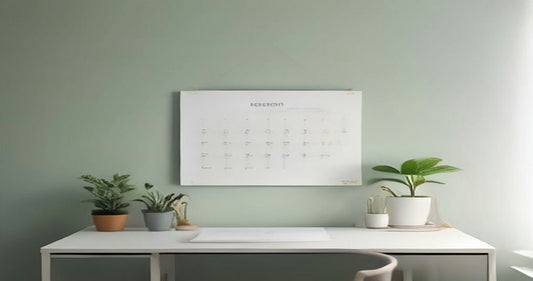 A paper month-view calendar hanging on a sage green wall above a white desk with potted plants.