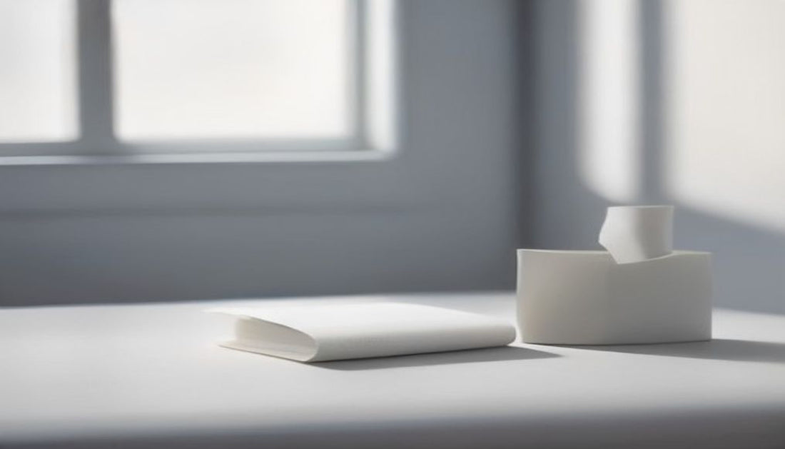 A single smooth grey pebble resting on a pale off-white desk with soft window light and lots of empty space.