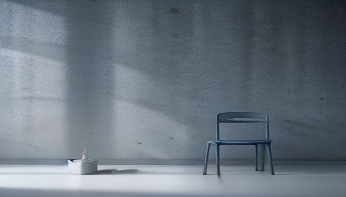 A single ergonomic office chair standing alone in cool slate-blue light with dramatic side shadows.