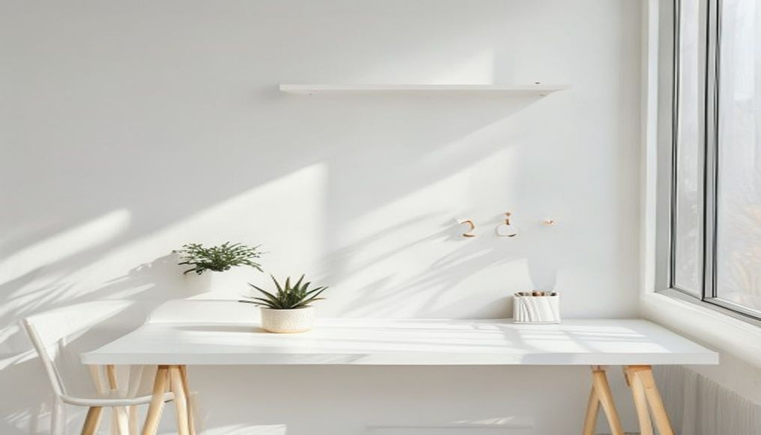 A bright minimalist home office wall with a slim white floating shelf, a small plant, a pinboard, and hooks above a clean uncluttered desk in natural daylight.