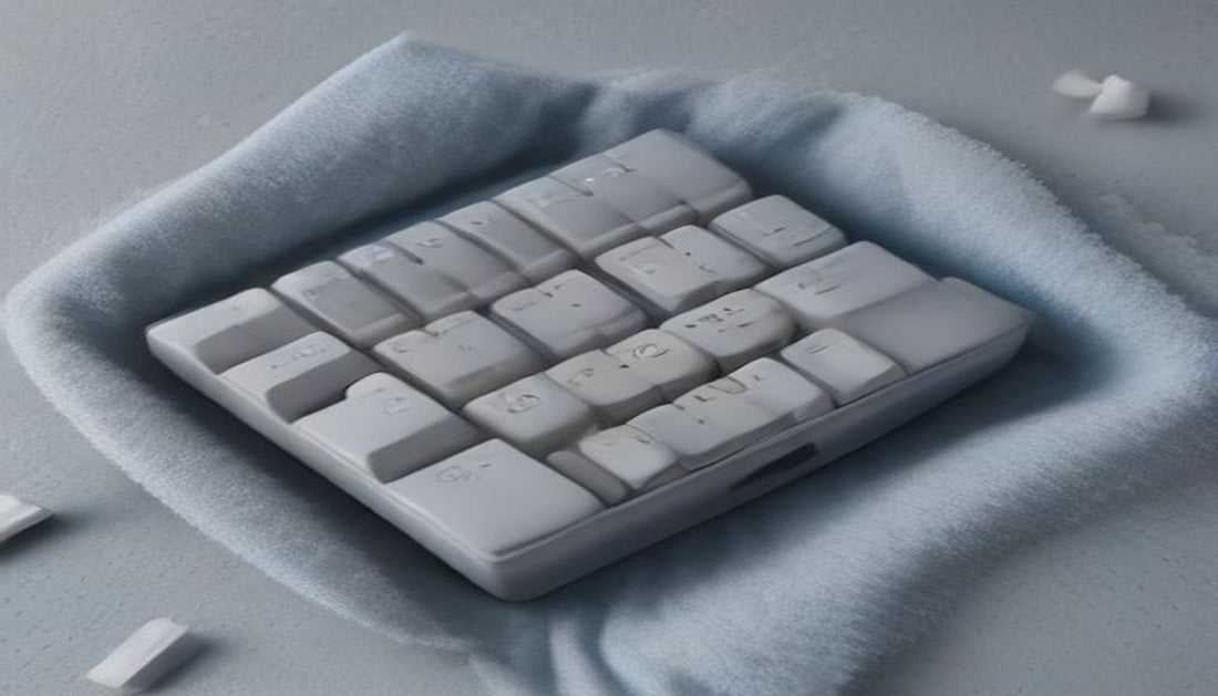 A clean keyboard photographed in cool slate-blue and grey tones beside a folded microfiber cloth, a soft brush and cotton swabs in a small dish.