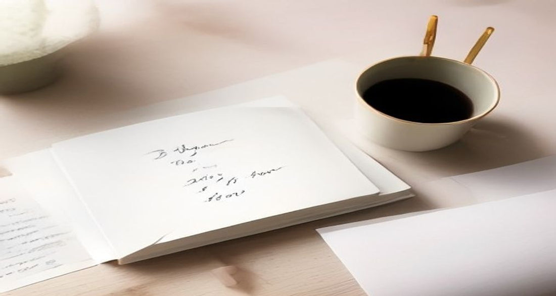 A short handwritten list on a pale desk beside a cup of black coffee in soft pastel light.