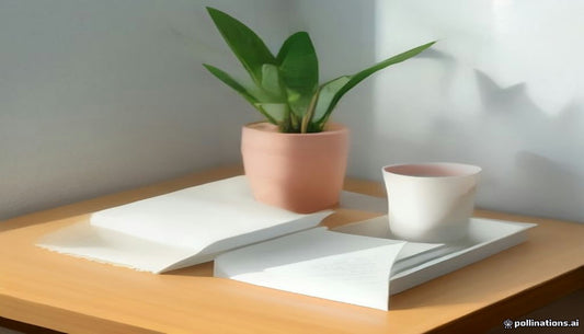 A tidy corner of a pale wooden desk with a paper tray, a small potted plant and a cup in soft window light.