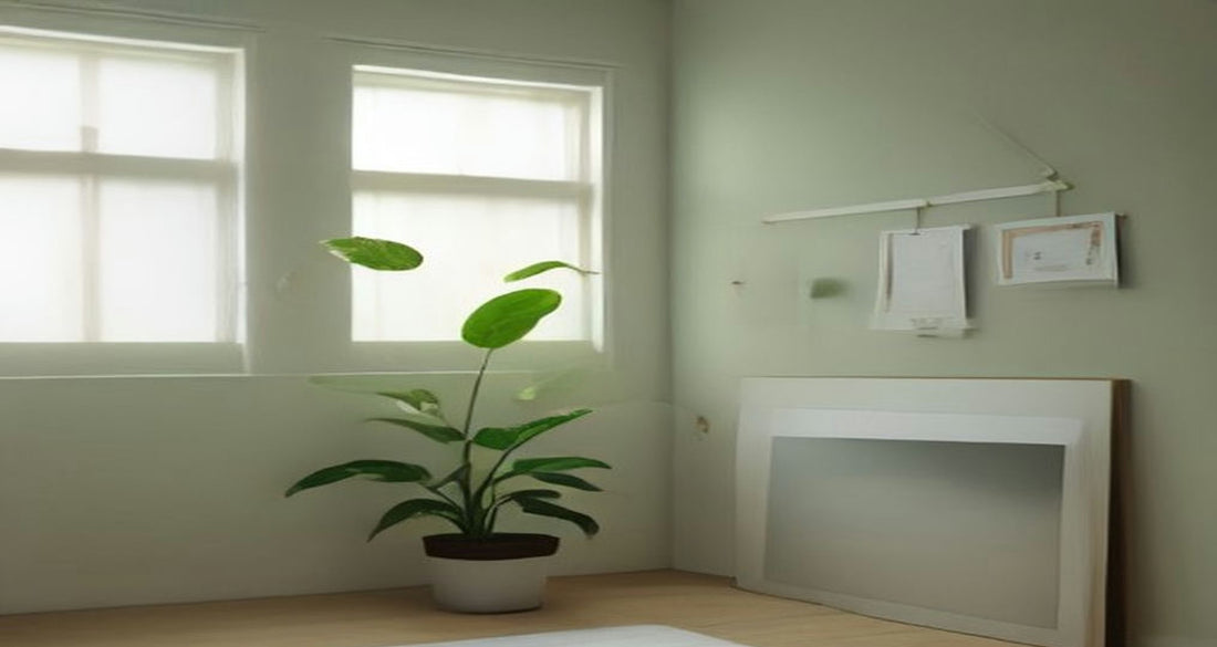 A bright, calm home office corner with a potted plant by the window and papers hung neatly on the wall.