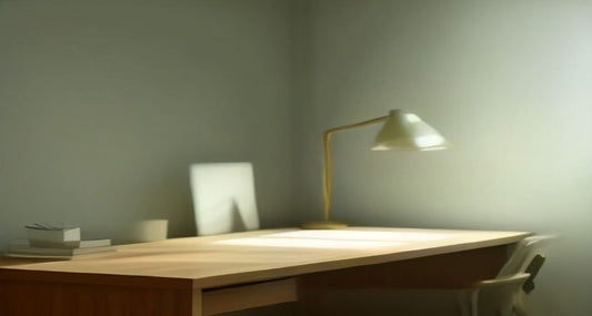 A cleared wooden desk with a switched-off lamp in soft afternoon light at the end of the week.