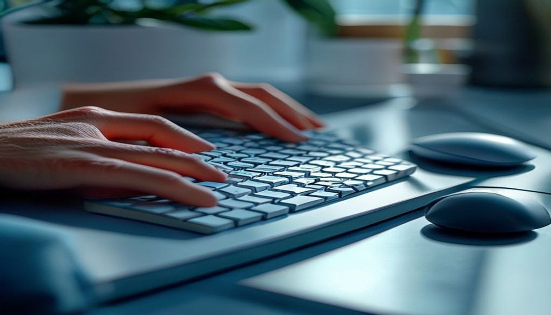 A low-profile keyboard and small mouse on a cool grey desk in soft directional side light.