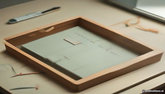 A shallow wooden organizer tray holding papers on a pale desk surface.