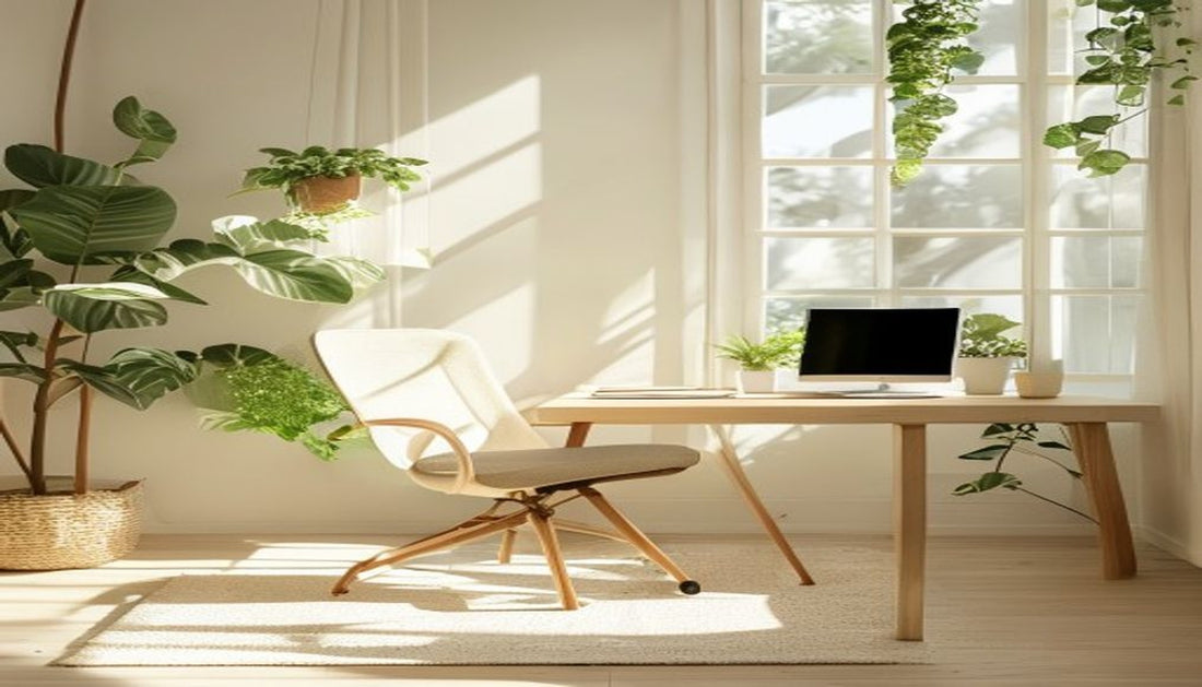 A sunlit home office corner with an empty ergonomic chair pushed back from a light wooden desk beside a window and leafy green plants.
