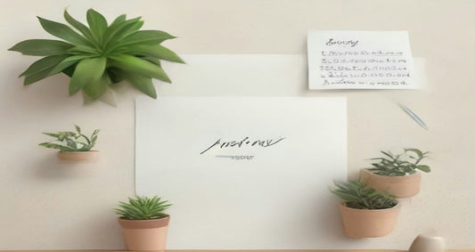 Sheets of paper with loose pen notes on a light wall above a wooden shelf with small potted plants.