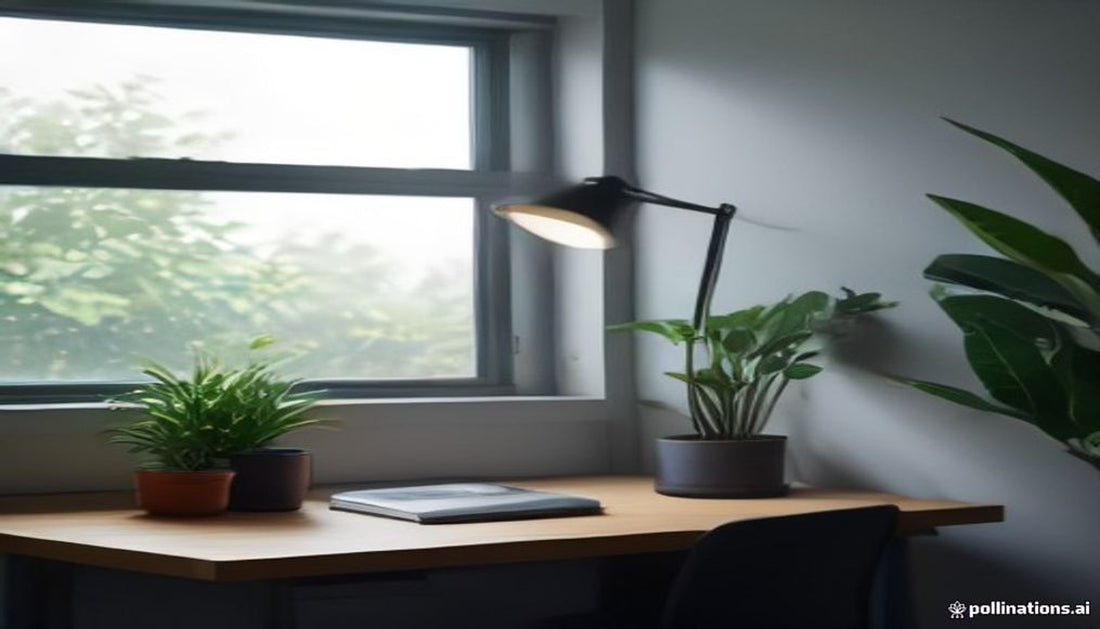 A quiet home office corner with a desk lamp and potted plant beside a tall window in soft autumn light.