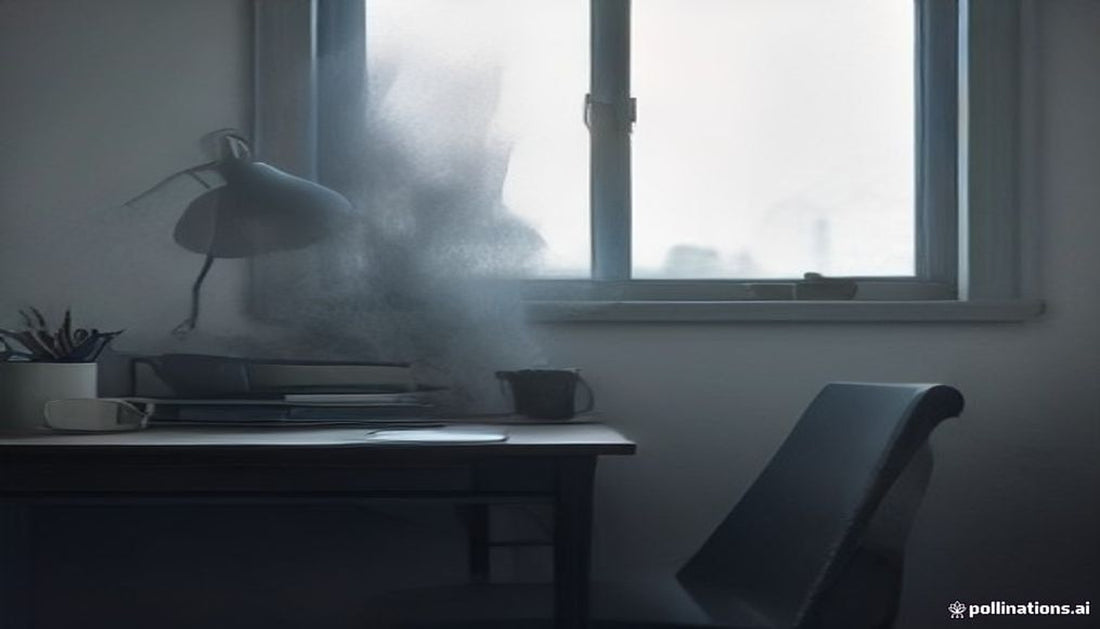 A chunky grey knit cardigan draped over an office chair beside a steaming mug in cool morning window light.