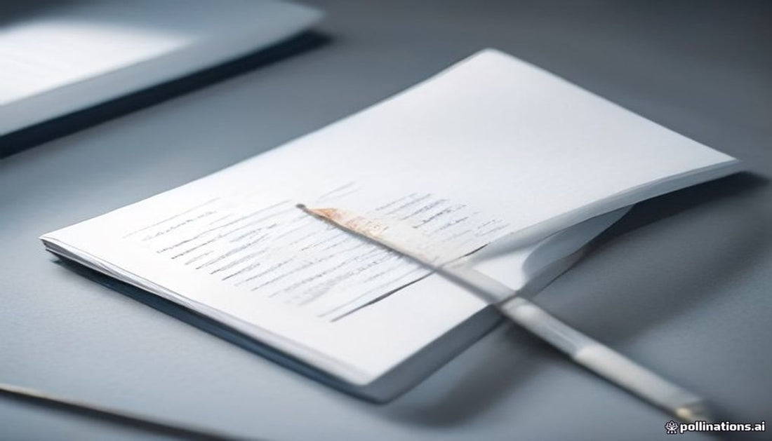 A red editing pen resting across a neat stack of crisp blank printed sheets on a cool grey surface, with reading glasses softly blurred behind.