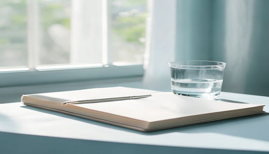 A closed notebook with a pen and a glass of water on a tidy desk in cool morning light.